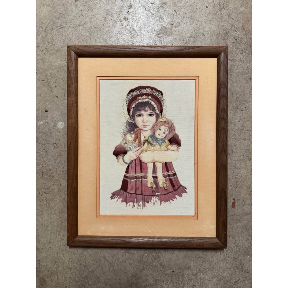 Framed Needlepoint Embroidery – Girl with Doll by Jan Hagara – Vintage 20” x 16”